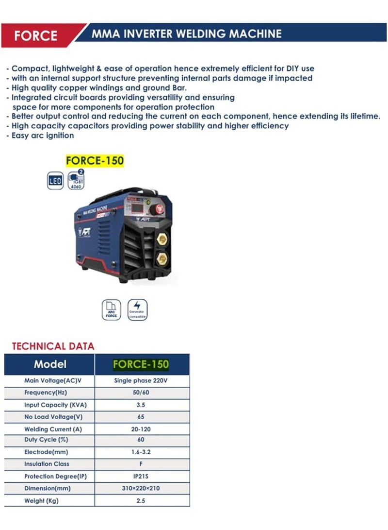 APT FORCE 150 Welding Machine Inverter with LED Display  120 Amp - Image 2